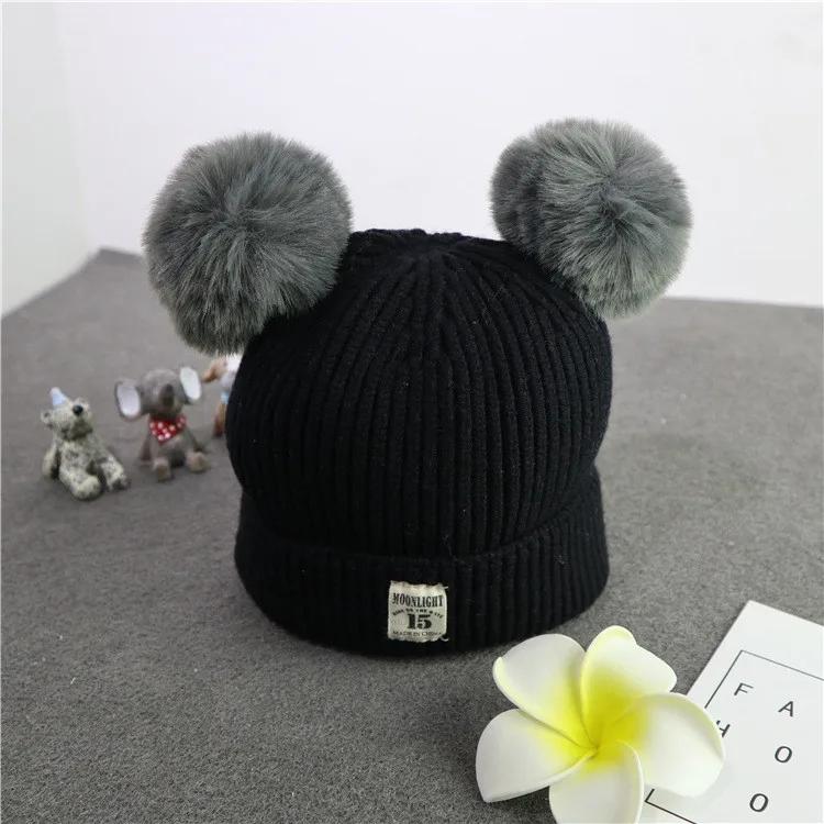 autumn winter kids pompom beanie hat baby winter cap with double ball marks 15 warm knit hat