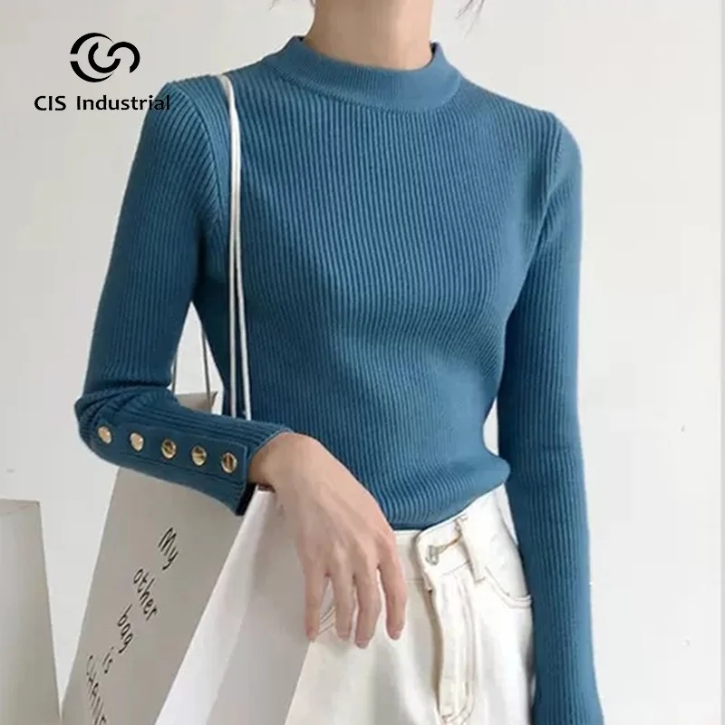 Custom streetwear knitwear high quality full neck sweater knitted jumper long sleeve button slim rib knit top