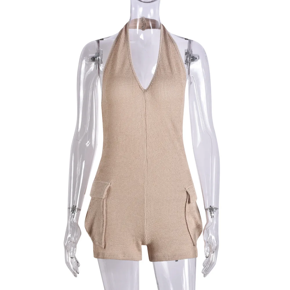 Trending 2024 Casual Knitted Jumpsuit Halter V Neck Skinny Rompers Playsuits One Piece Backless Slim Jumpsuit For Women