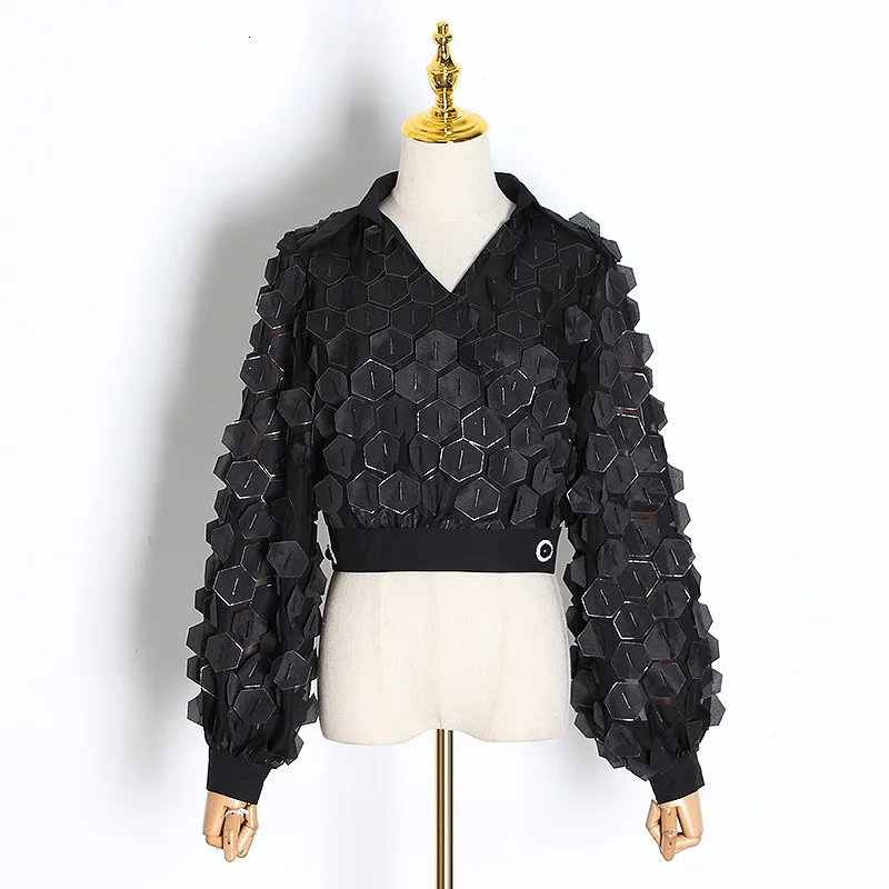  Блузка женская с воротником-стойкой ажурный кружевной топ в стиле пэчворк Элегантная Модная рубашка длинным рукавом весна