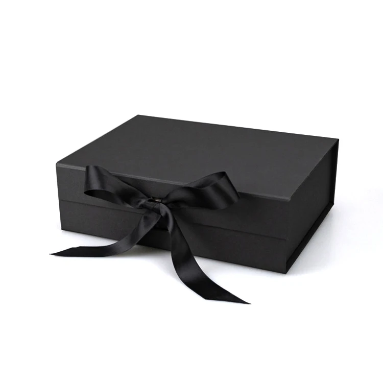 Large luxury custom foldable magnetic black white pink gold paper cardboard hamper gift box with ribbon