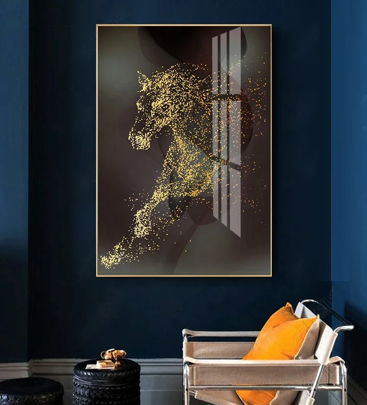 Resin Painting Wall Picture Modern Painting Gold Horse Animal White Horse Crystal Porcelain Painting Home Decoration