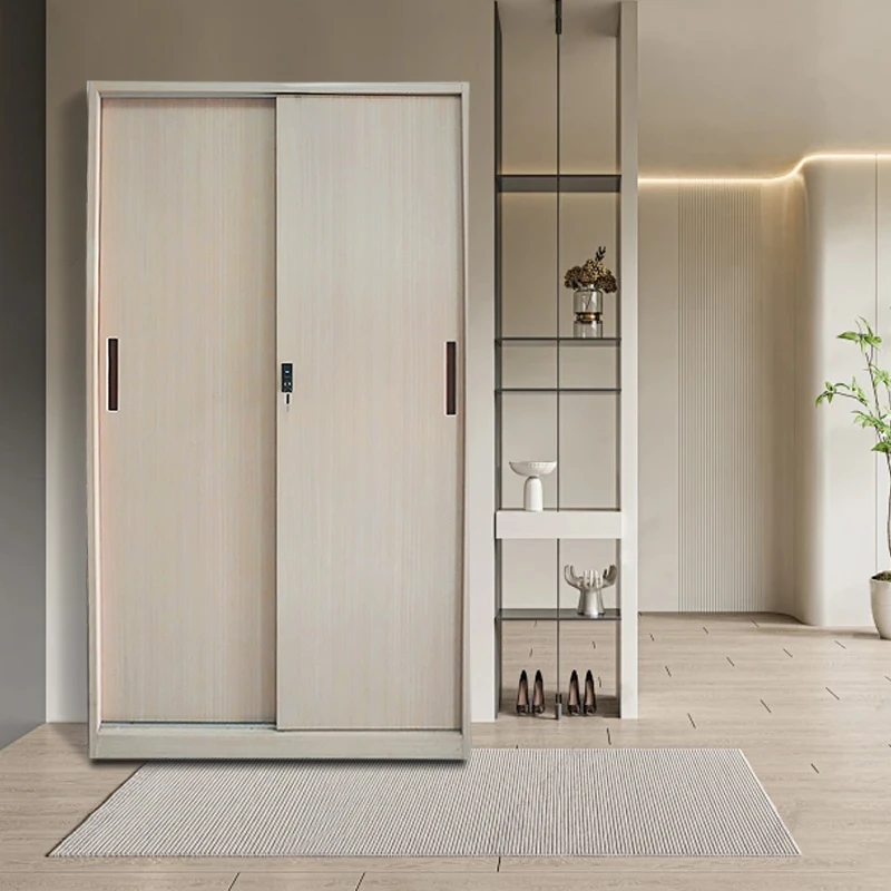 Fair price metal wardrobe 2 doors metal wardrobe with sliding doors  wooden finish metal sheet wardrobe in stock