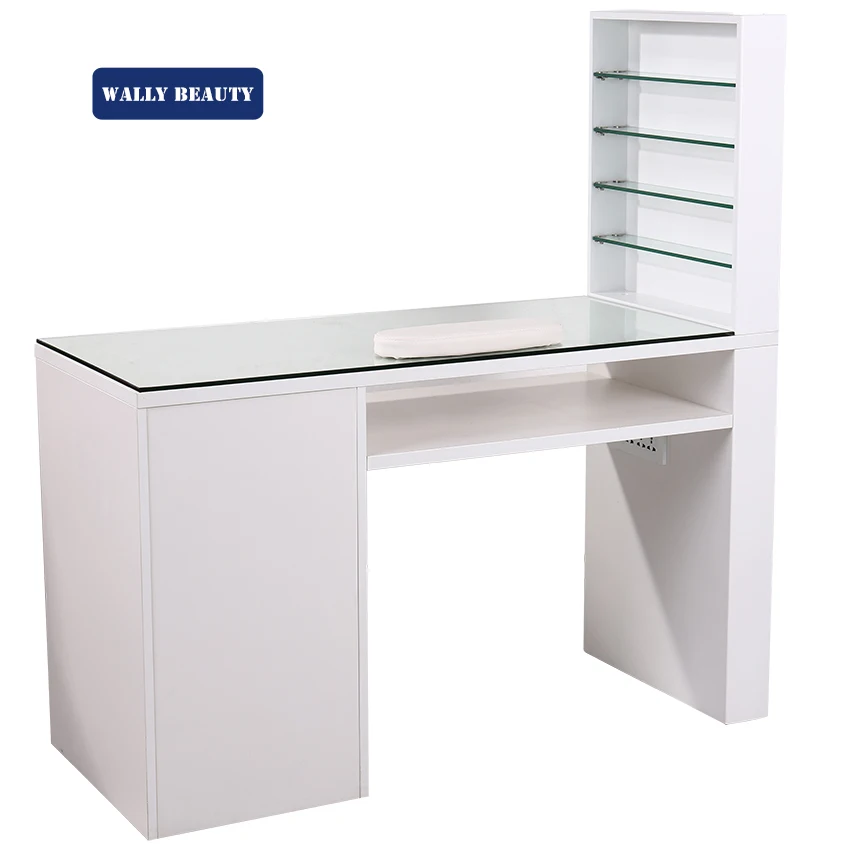 Wallybeauty wholesale white nail table glass top manicure table with display rack
