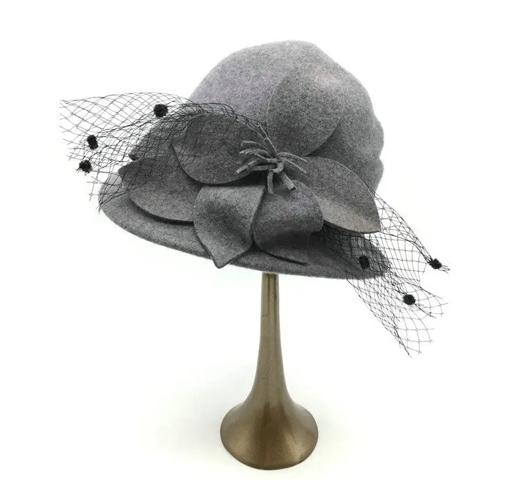 New Fashion 100 Wool Felt Bucket Hat Women Cloche Hats Lady Church Wedding Dress Women wool Felt Hats With Flower Bow Sun