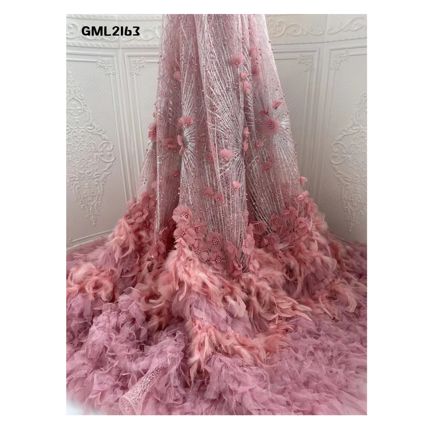 2022 оптовая продажа 3D Цветочные Перья блестящие бусины кружевная вышитая тюль сетчатая ткань французская Тяжелая ручная работа для свадебного платья