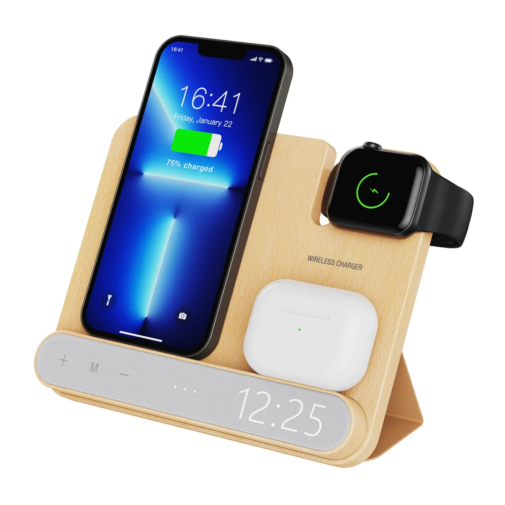 15w New Product 3 in 1 Wood Wireless Charger Mobile Stand Qi Wireless Charging Station for iphone 14 13 iWatch AirPods