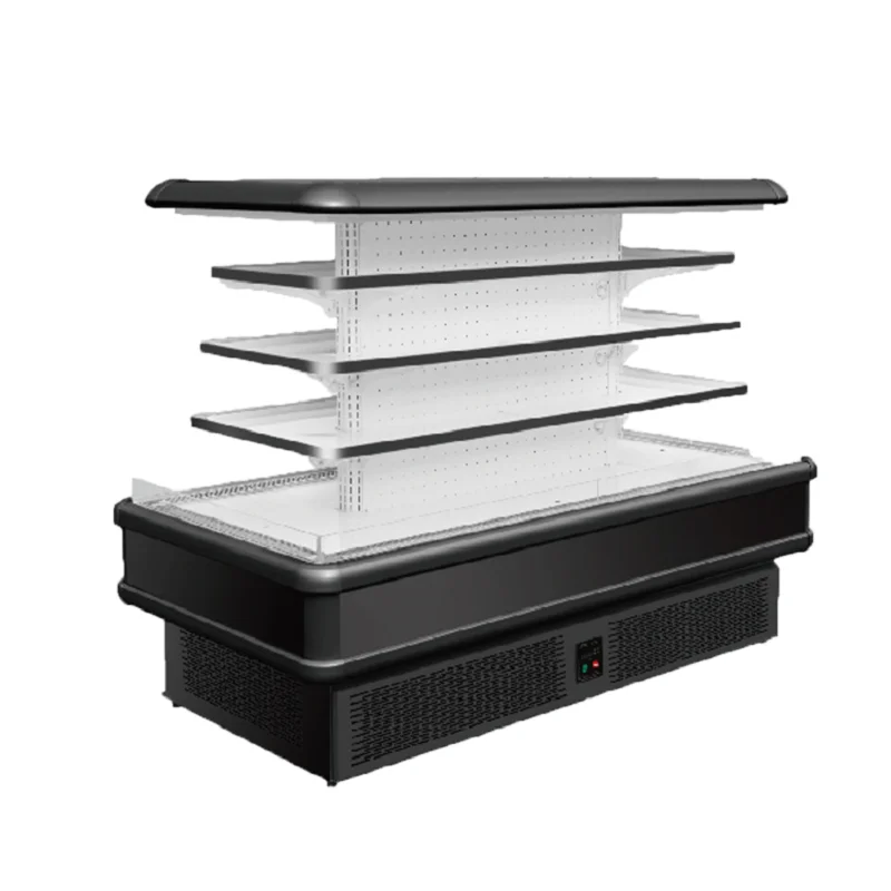 Супермаркет, маленький круглый остров, открытый холодильник для молочных продуктов, дисплей для фруктов, охладитель для островка, шкаф, холодильник