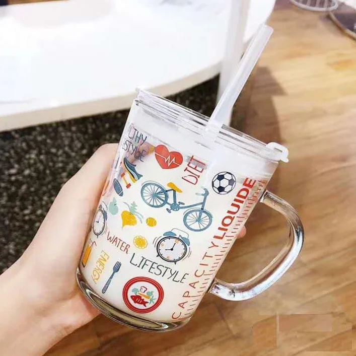 Wholesale cartoon glass straw cup children cute milk cup summer drink cup with straw