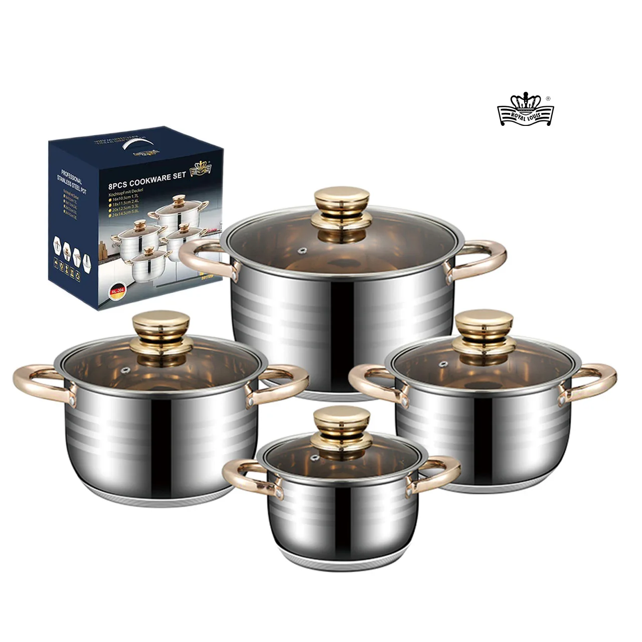 Hot Selling 8Pcs Kitchen Pot Nonstick Euro Style Soup Pot Kitchenware Cooking Pot Sets Stainless Steel Cookware Set