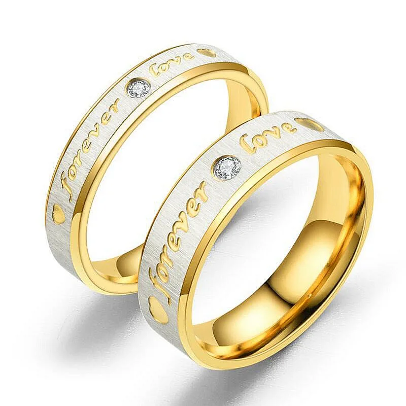 Forever Love Wedding Rings Men Women Ring Gold Stainless Steel Heart and Crystal Eternity Engagement Couple Gold Plated Trendy
