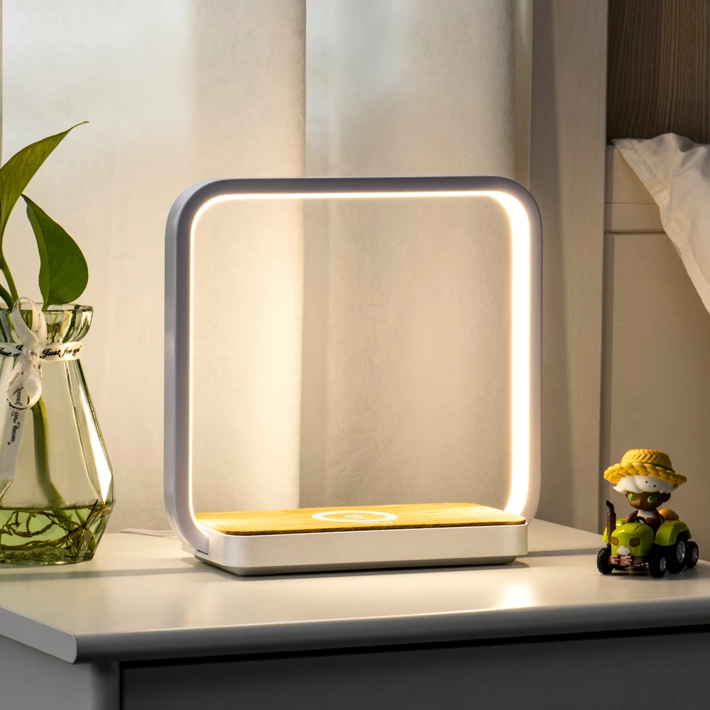 Беспроводное зарядное устройство с сенсорным затемнением 10 Вт 3-уровневое алюминиевое деревянное основание ночник тумбочка светодиодная настольная лампа