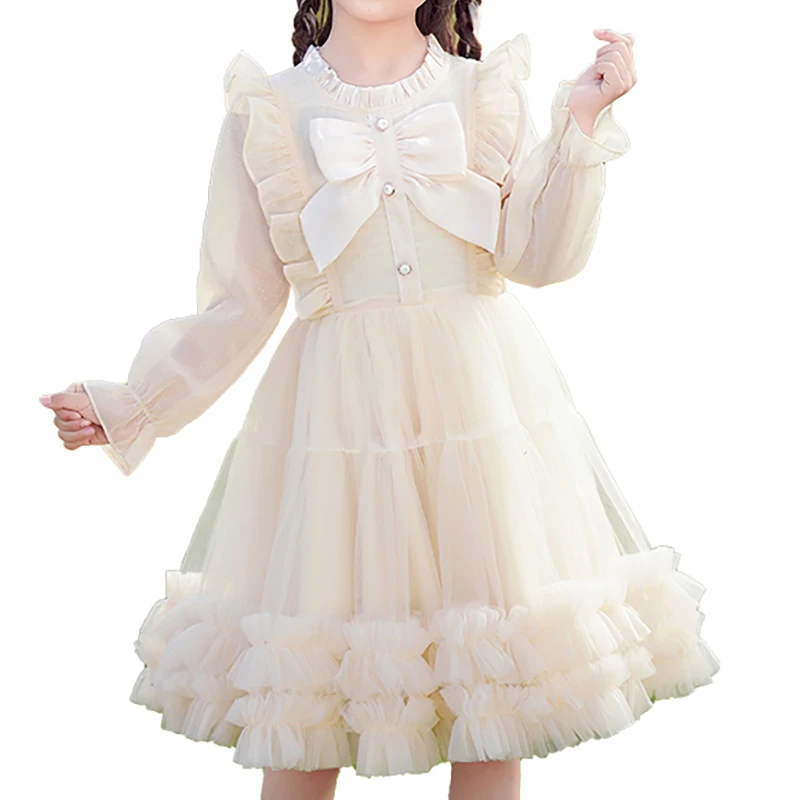 New Product Long sleeve Bows Laced Tiered Korean Style Elegant children dress With Girls Kids