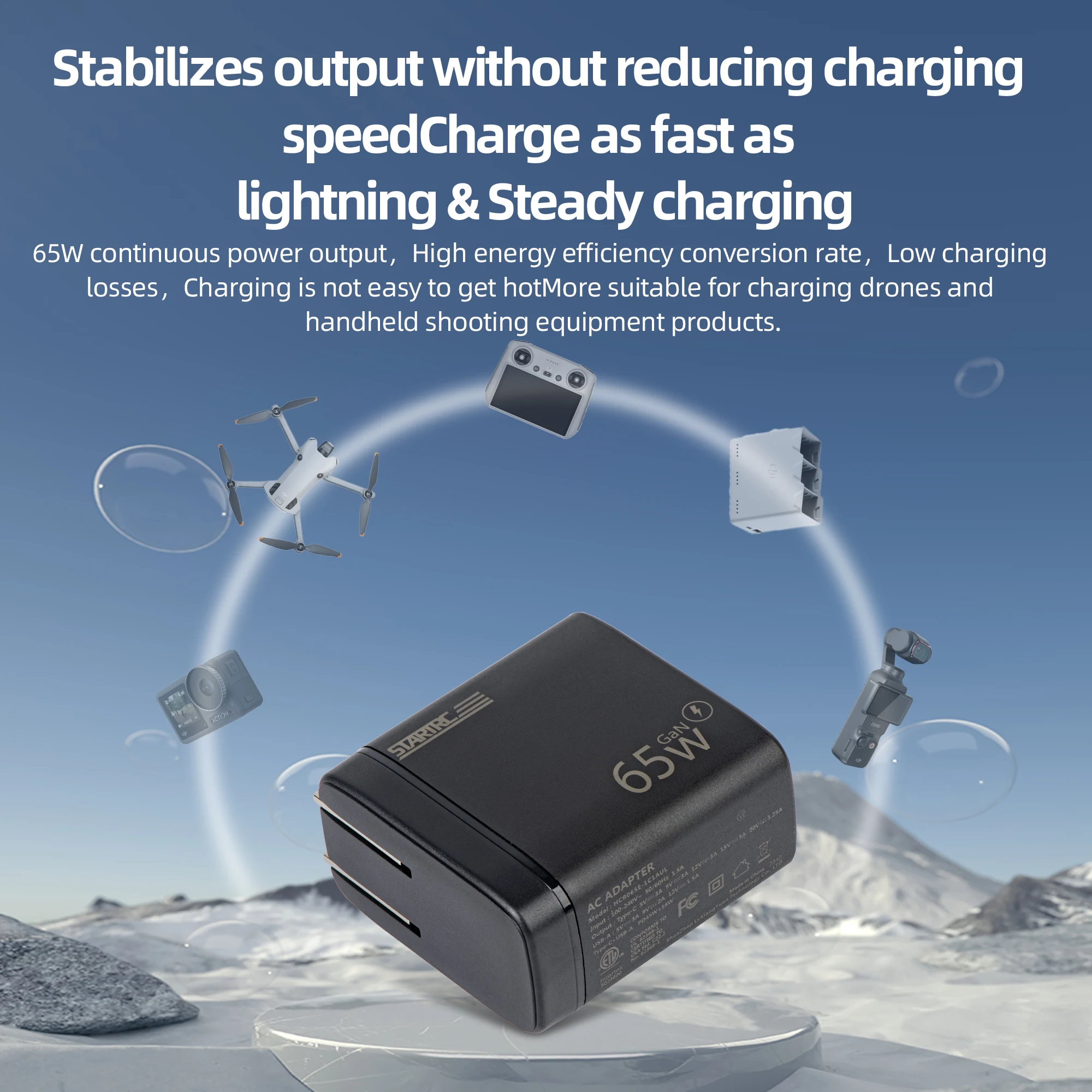 STARTRC 65W GAN Constant Voltage Charger PD Charging Type C Port Fast Charging for Mini4 Pro Air3 Mavic 3 Pro Pocket 3 Avata2