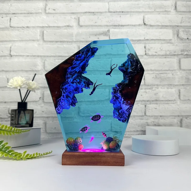 Novelty 2025 Creative Design Epoxy Resin Wood Lamp LED Gift Night Light Blue Diver and Whale Home Decoration Table Lamp