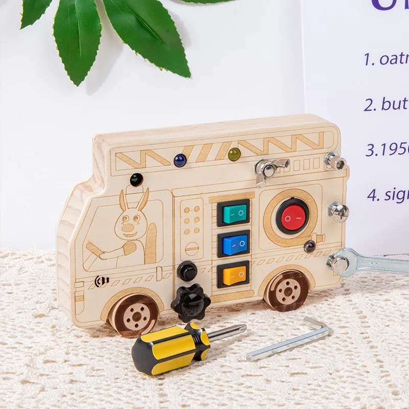 High Quality Unisex Montessori Busy Board Toy LED Light Educational School Bus Toy Kids Wood-Made Color Cognition Toy New