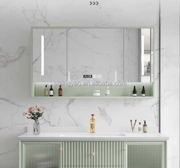 Light luxury bathroom intelligent mirror cabinet combination simple solid wood glass door bathroom