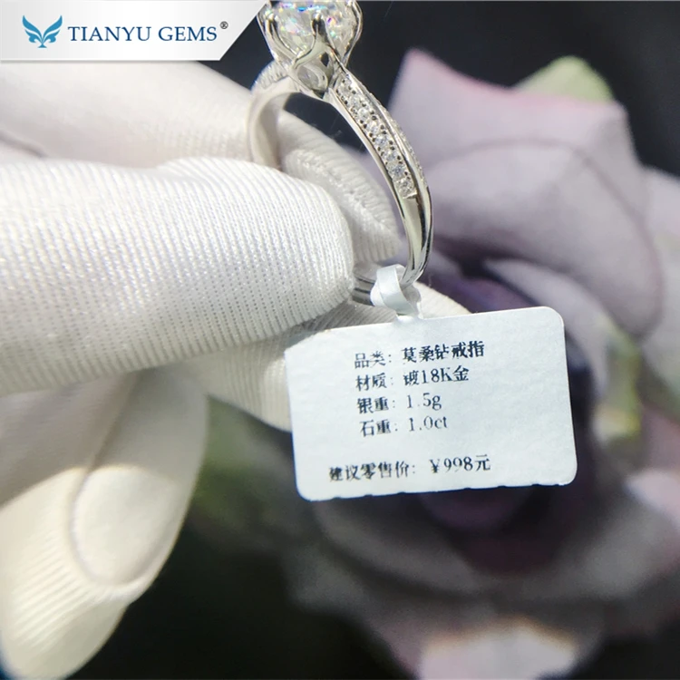  Tianyu 1.0ct драгоценный камень регулировочного кольца ювелирные изделия Кольцо 18k позолоченное 925 серебро муассанит обручальное кольцо для