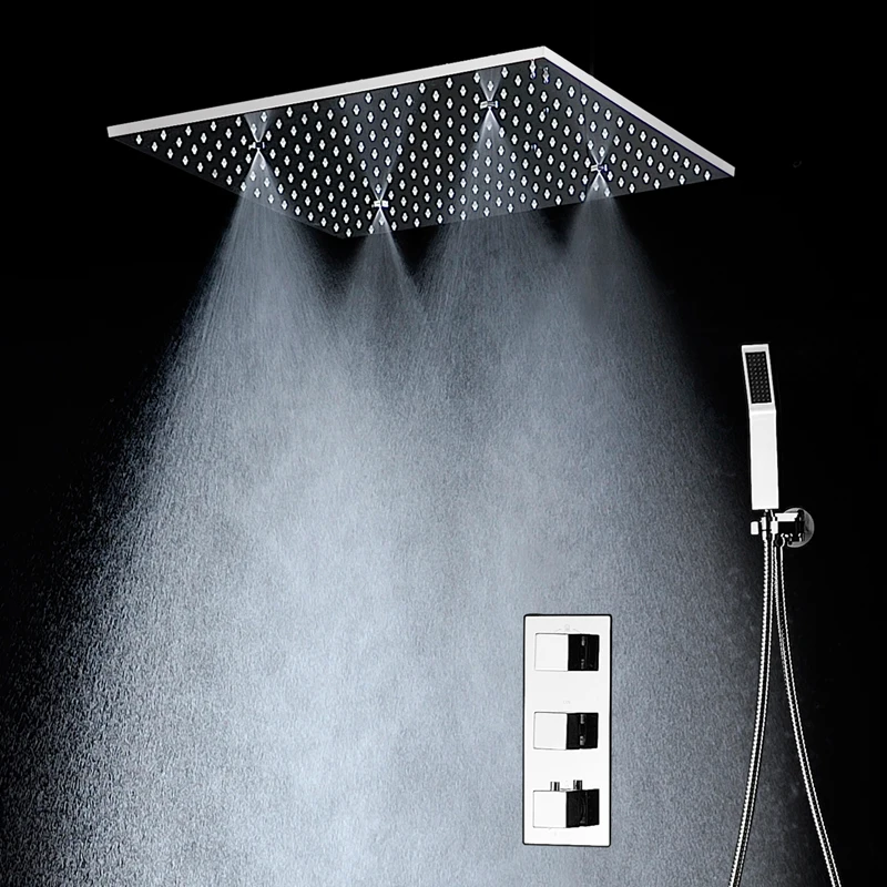 Luxury Bathroom 3 Function Thermostatic Pattern Control Ceiling Mounted Rain Mist SPA Shower Head Handle shower Set
