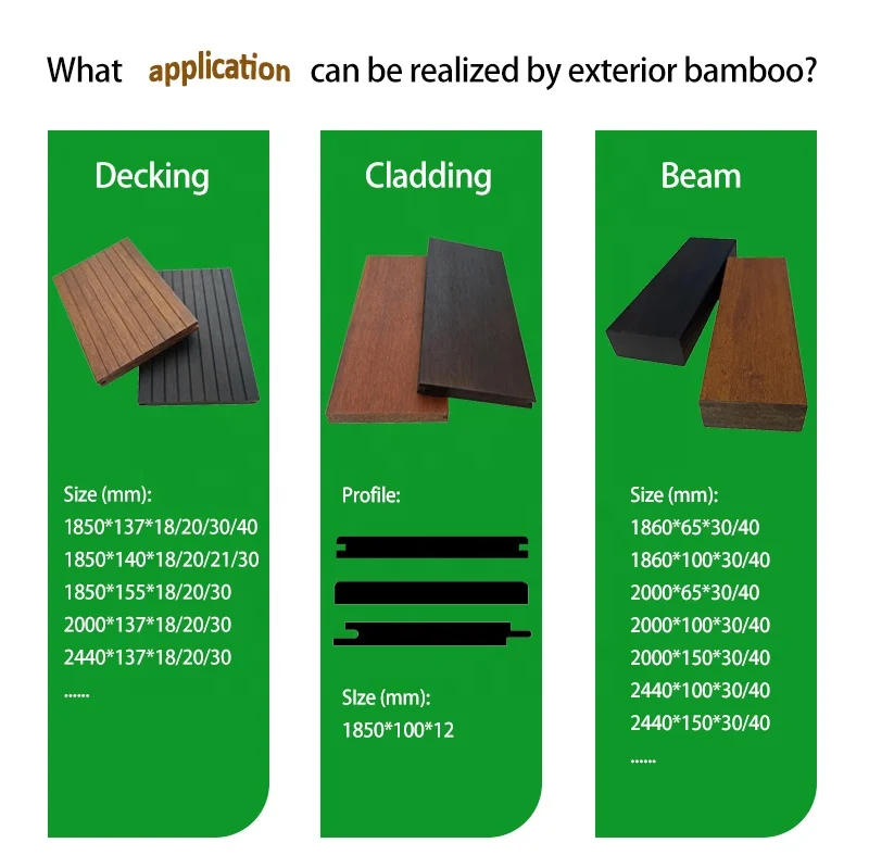 1.85m 2.0m 3.05m 4.2m factory direct selling B class fire resistance parquet moso waterproof carbonized bamboo outdoor decking