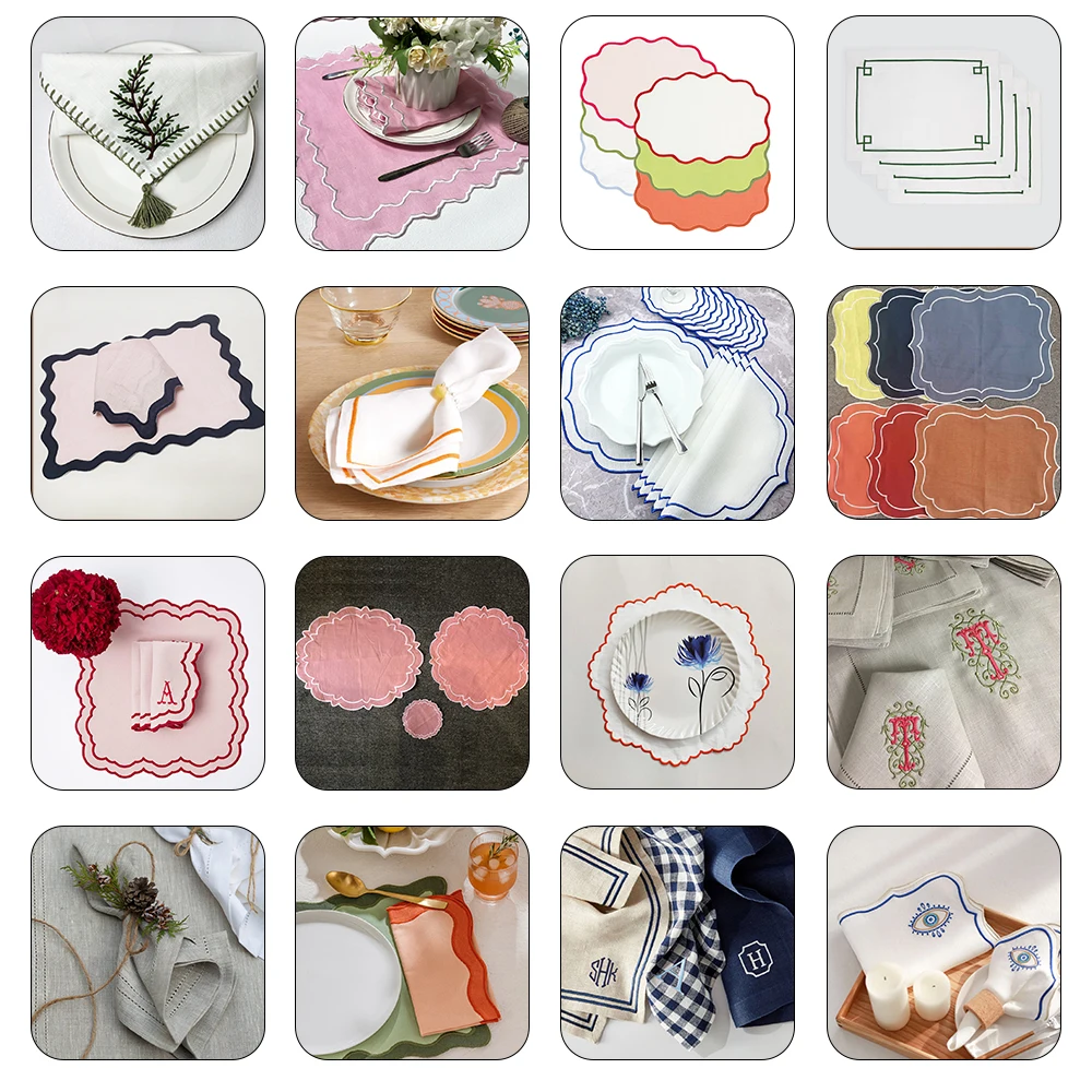 Wholesale Flower Linen Napkins Wedding with Embroidered edge table cloth Scalloped Linen Napkins eco friendly French Luxury Flax