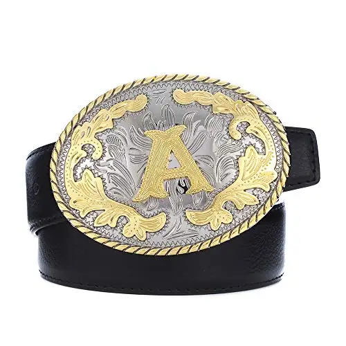 Custom Western Belt Buckle Initial Letters ABCDEFG Cowboy Rodeo Gold Large Belt Buckle for Men Women (ABC-Z)