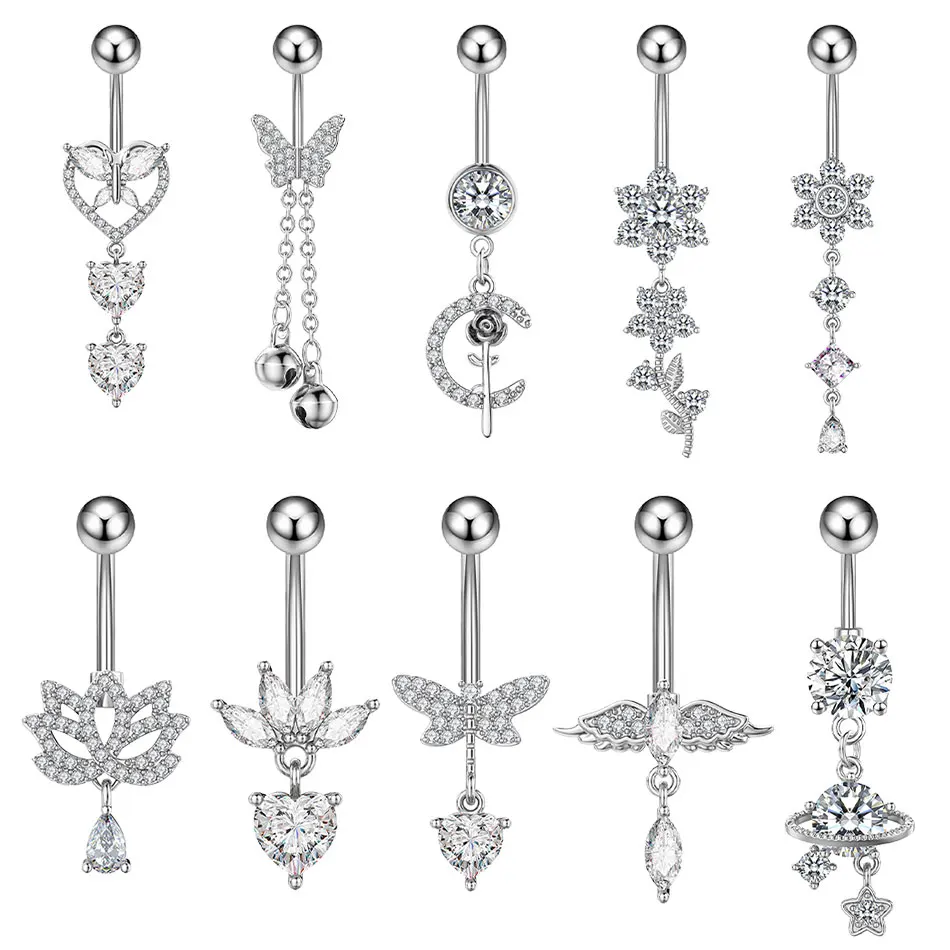 Surgical Steel Externally Threaded Flower Crystal Belly Button Ring 14G Navel Dangle Ring Studs Body Piercing