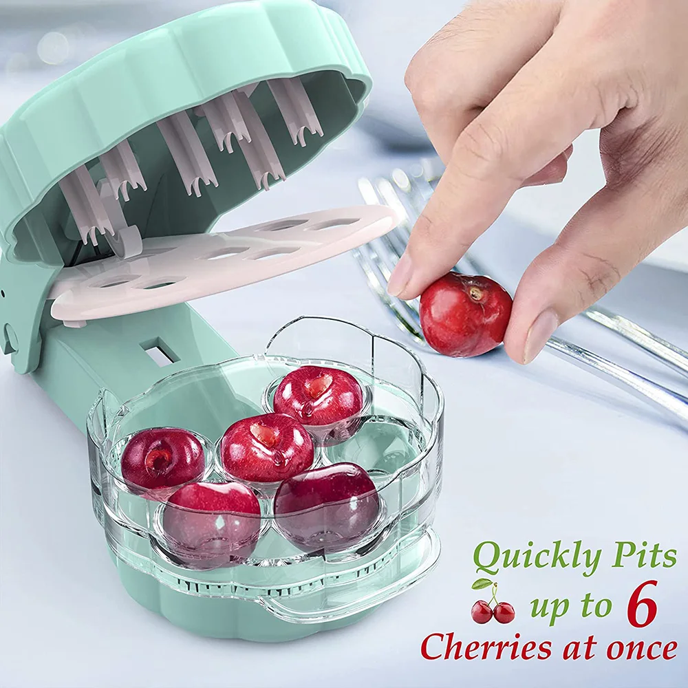 Cherry Pitter - Professional Olive Pitter Tool, Cherry Stone Remover with Pit and Juice Container, 6 Cherries At Once