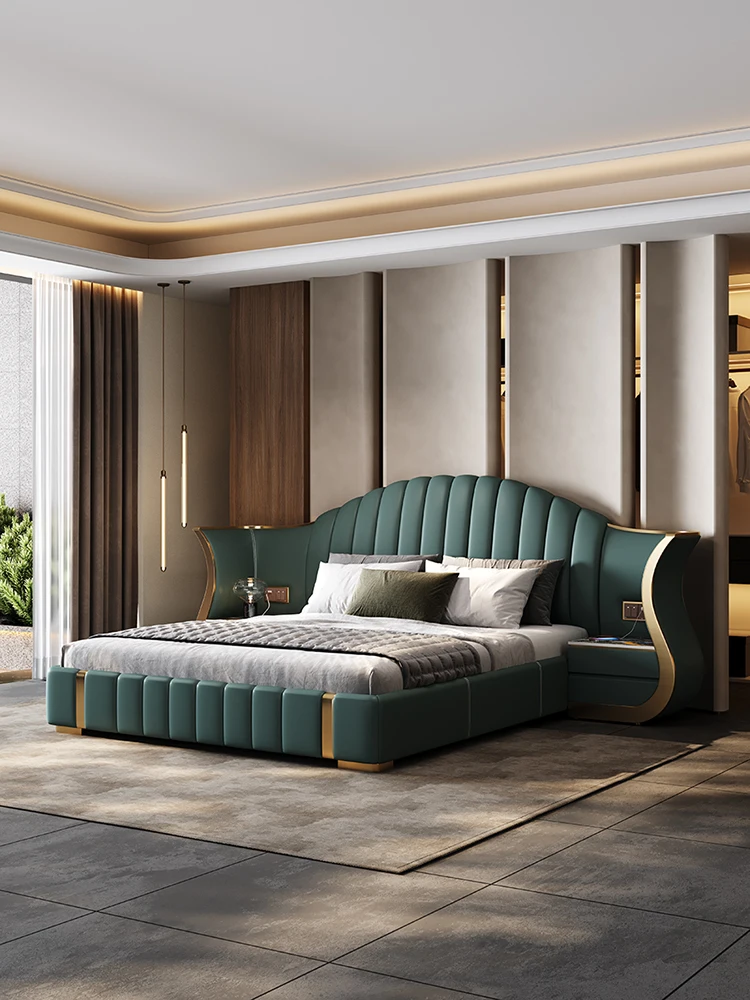 Italian Creative Exotic Orange Leather Bed Soft Modern King Size with Big Wooden Headboard Nightstand Unique Storage for Bedroom