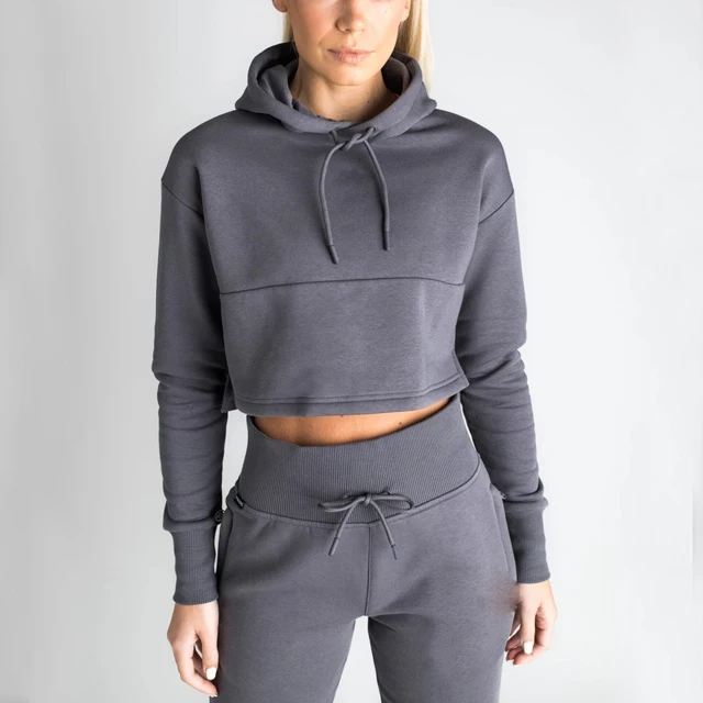 Женский Однотонный черный пуловер с длинным рукавом, укороченный топ, толстовка и штаны для бега, спортивный костюм