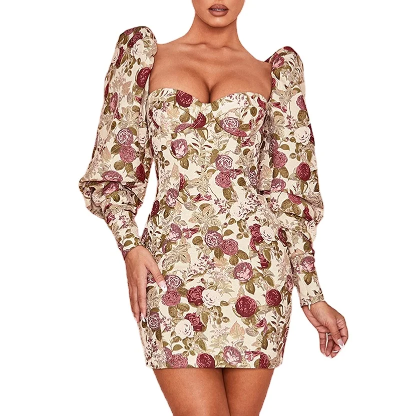korean fashion dress Ladies Retro Rose Printed Puff Sleeve Wrapped Strapless Slim Mini Long Sleeve Dress