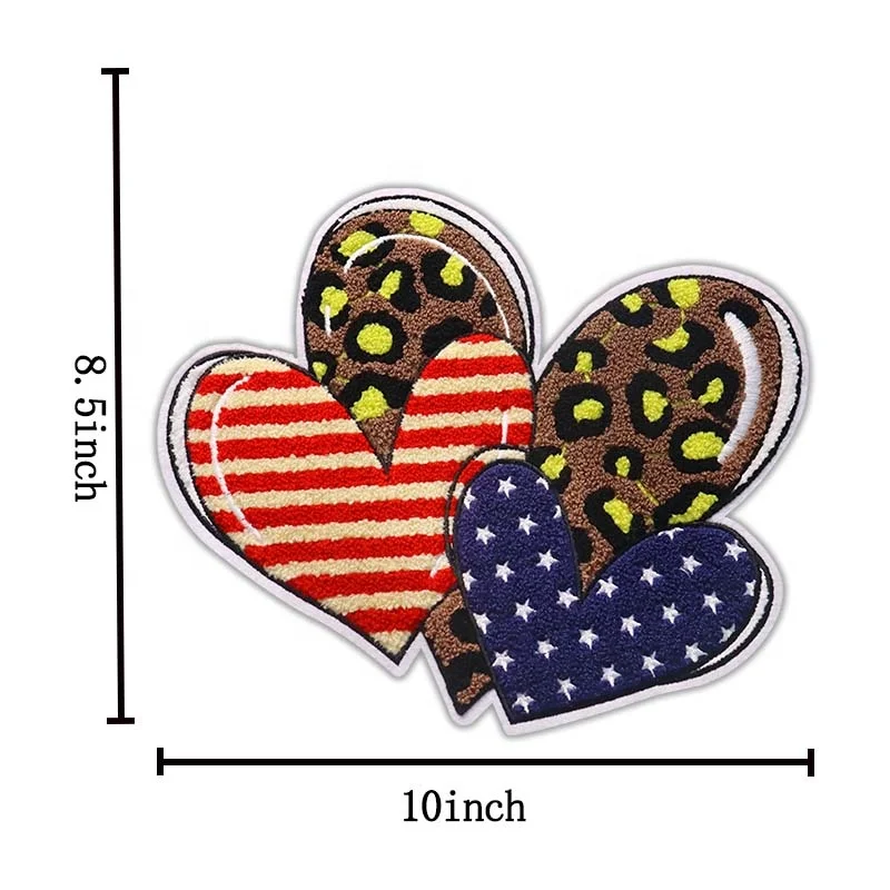 Wholesale Embroidery Three Hearts With Star Stripe Leopard Logo Patch Iron On July 4th Independent Day Us Love Chenille Patches