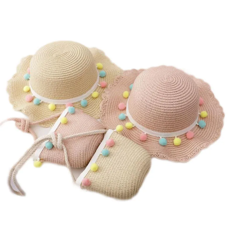 Kids Girls Wide Brim Straw Hat Woven Sun Protection Beach Hat Colorful Pompom Ball Summer Floppy Bucket Cap Portable HandbagHot