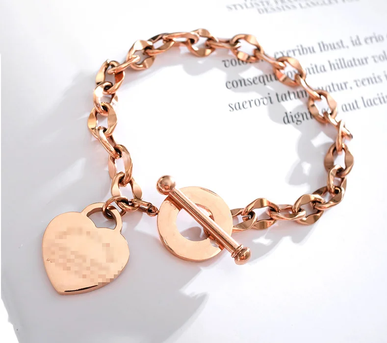 
Wholesale fashion design heart engraved bangles jewelry stainless steel rose gold link chain ladies bracelet 