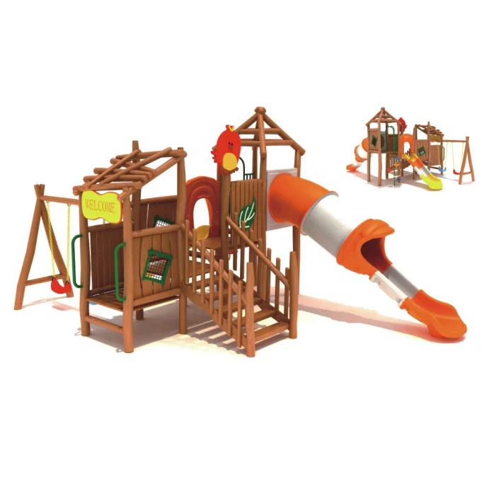 Wooden Swing and Slide Outdoor Garden Wooden Playground Kids Wooden Playhouse with Slide