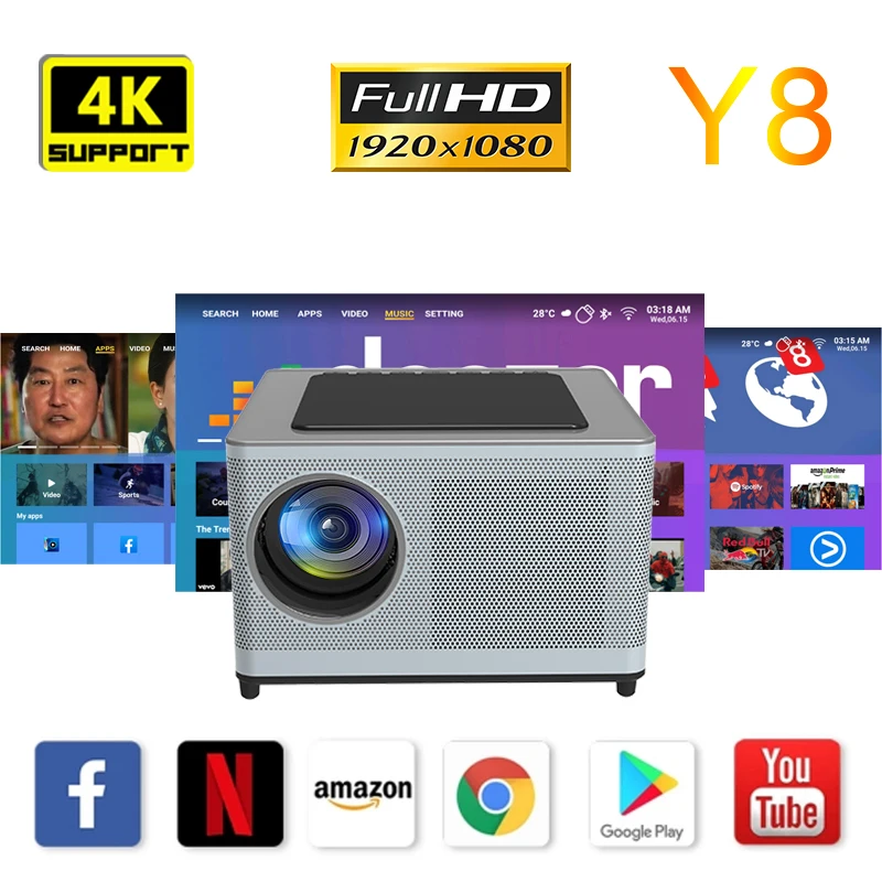 Android 9.0 smart projector Y8 supports 4K video 5G WIFI connection resolution 1920*1080 built-in wireless audio projectors