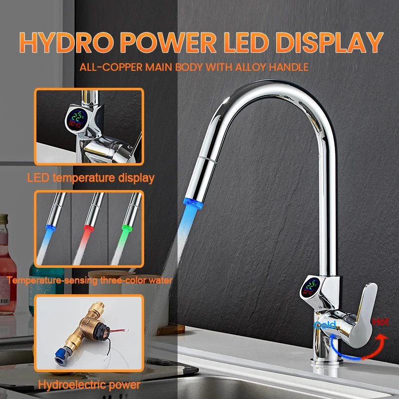 2022 New kitchen pull-out pull down faucet LED display hydroelectric power Thermochromic faucet spout