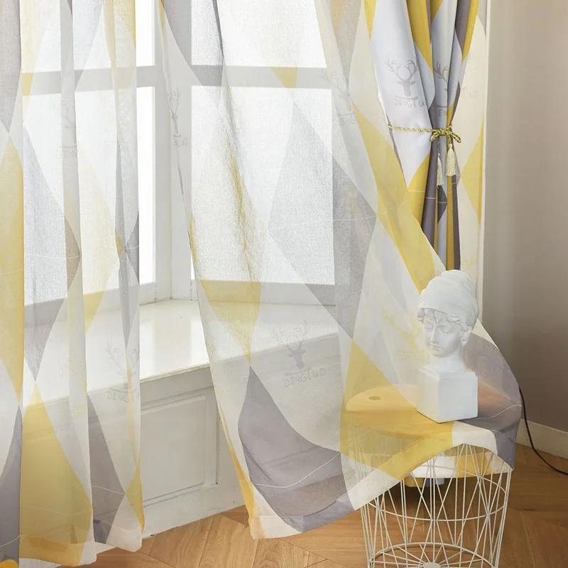 Bindi Ready Made Nordic Style Polyester Yellow Geometric Printed 100% Insulated Blackout Window Curtain for the Living Room