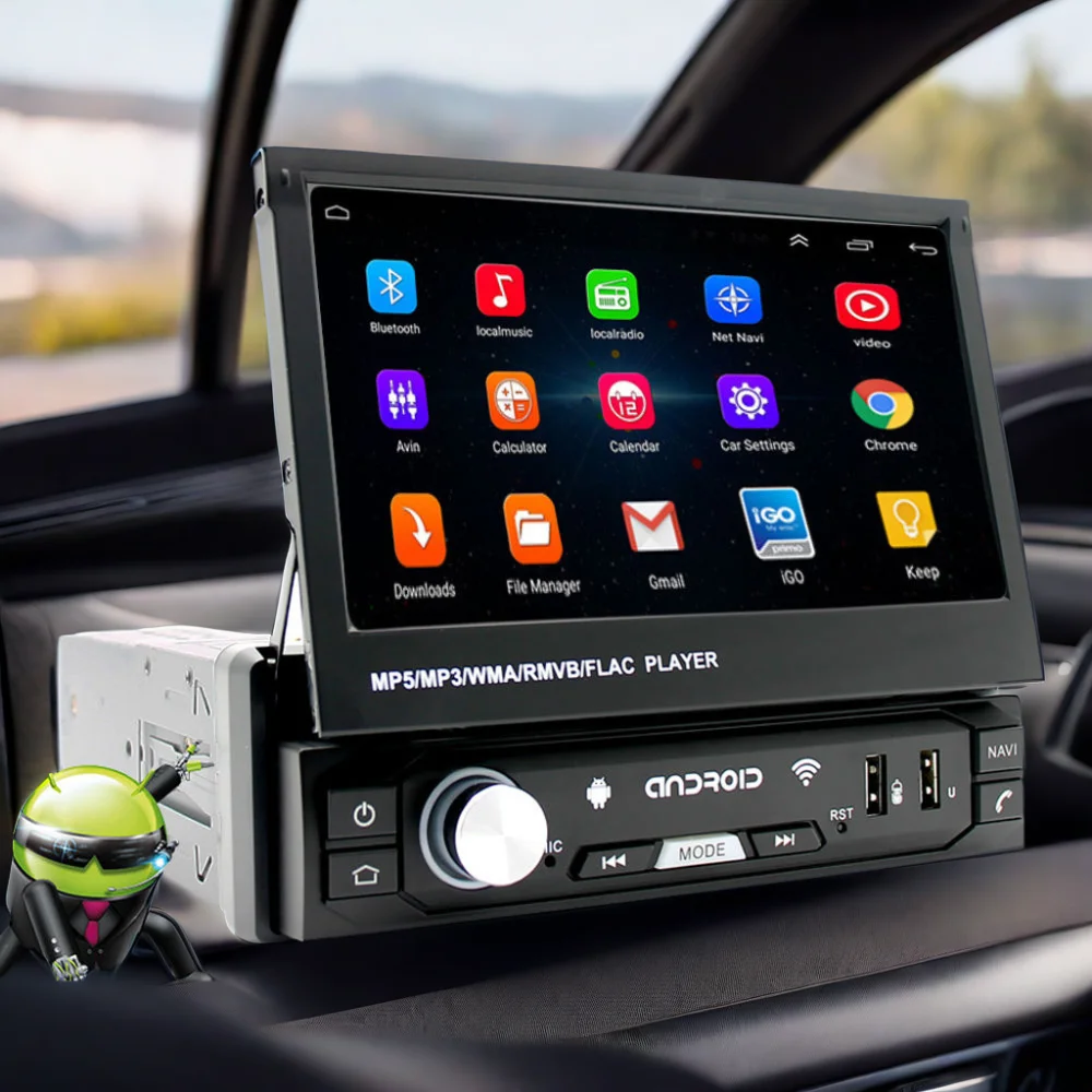 Universal 1din Car Android Radio Retractable Screen 7 Inch Car Dvd Player GPS Amplifier DSP-Car MP5 Stereo Bt/Wifi/Carplay