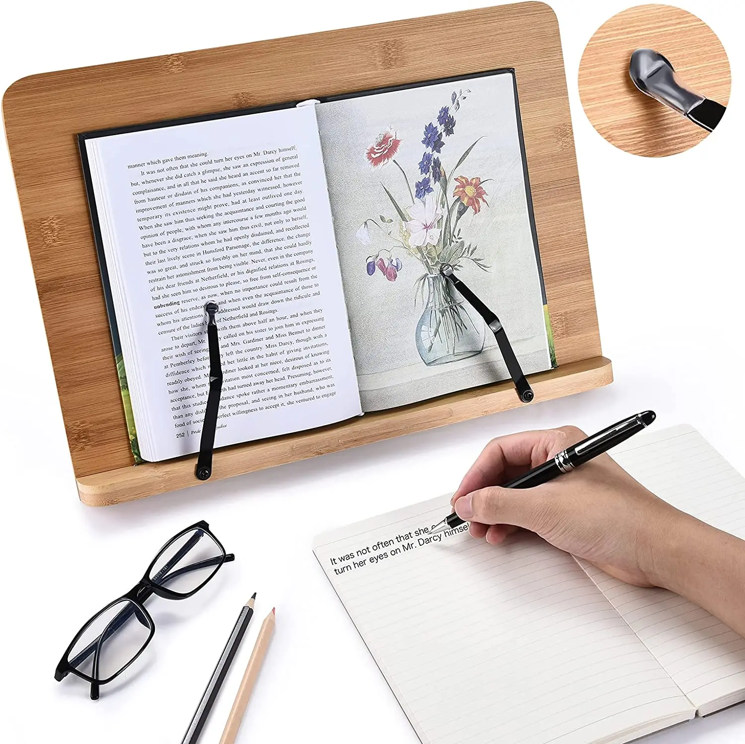 Textbooks Recipe Cookbook Holder Bamboo Adjustable Height Reading Folding Stand with Adjustable Angles and Paper Clips Holds