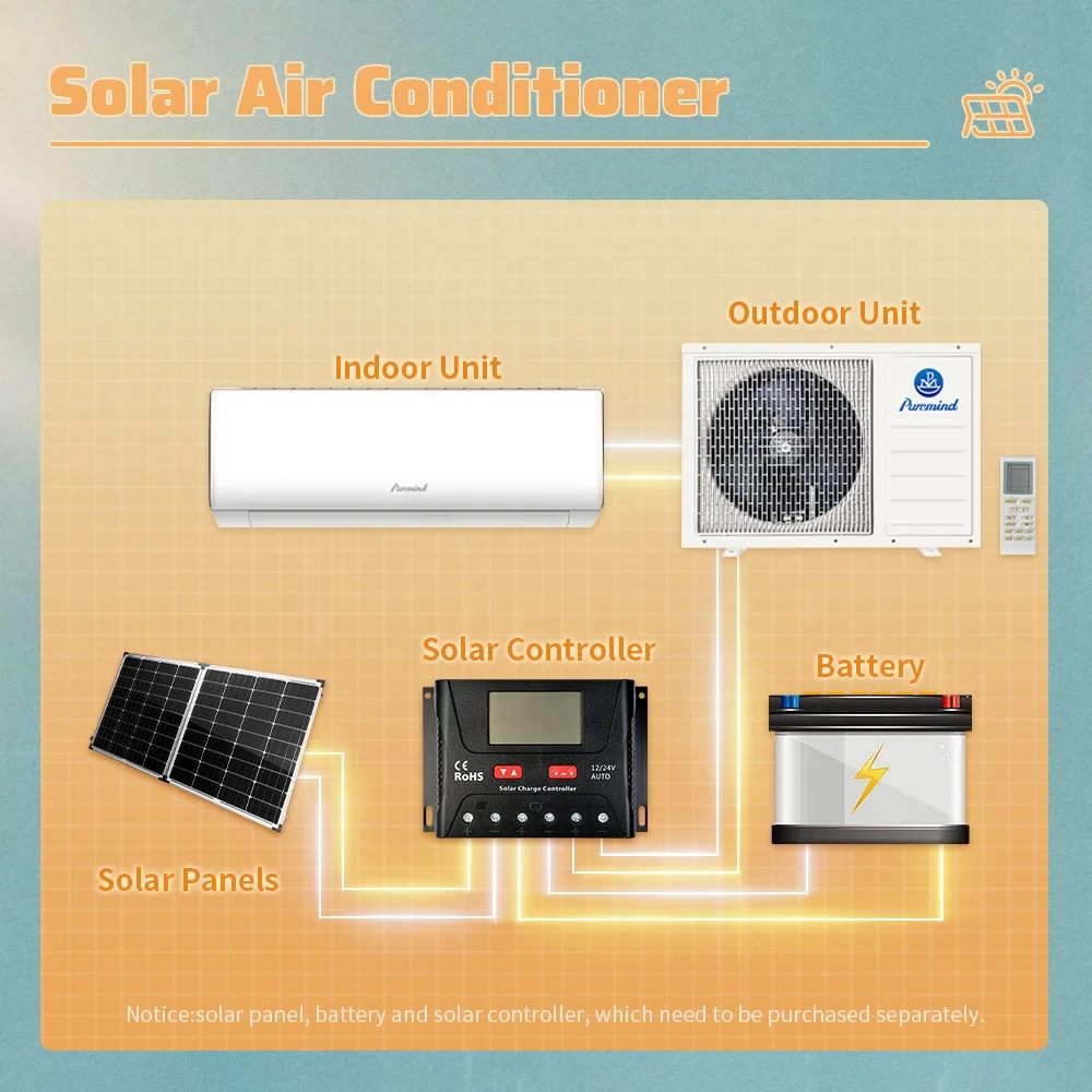 Puremind Energy Saving Air Conditioner Solar Powered 9000Btu Solar DC AC Hybrid Air Conditioner for Family Use Household Wifi