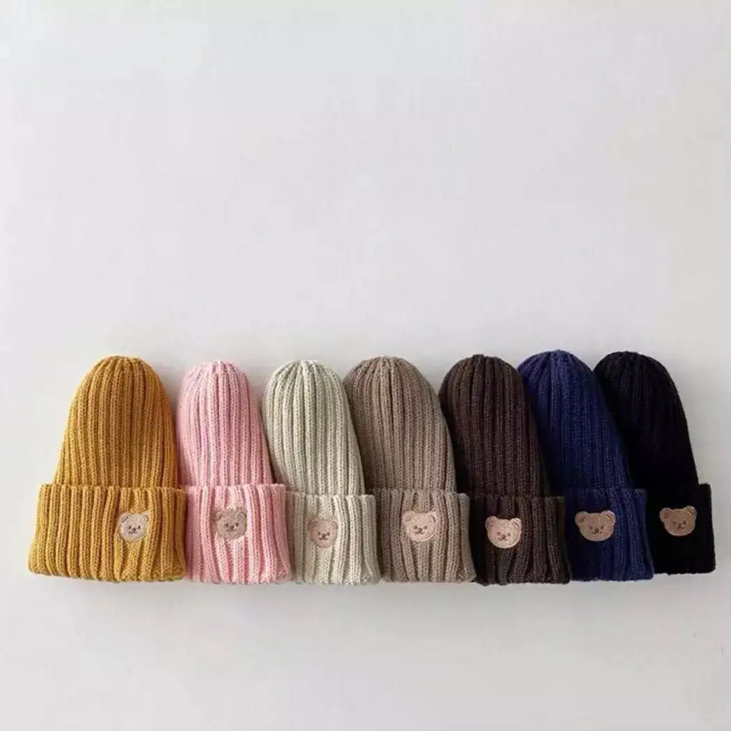Hotsale Autumn Kids Hat Candy Color Boys Knit Hat Girls Bear Head Embroidery Kids Hat