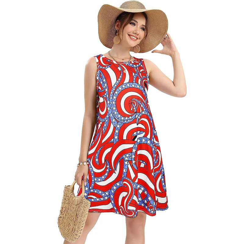 2023 wholesale oem high quality fashion woman casual sleeveless printed summer sexy loose mini dress