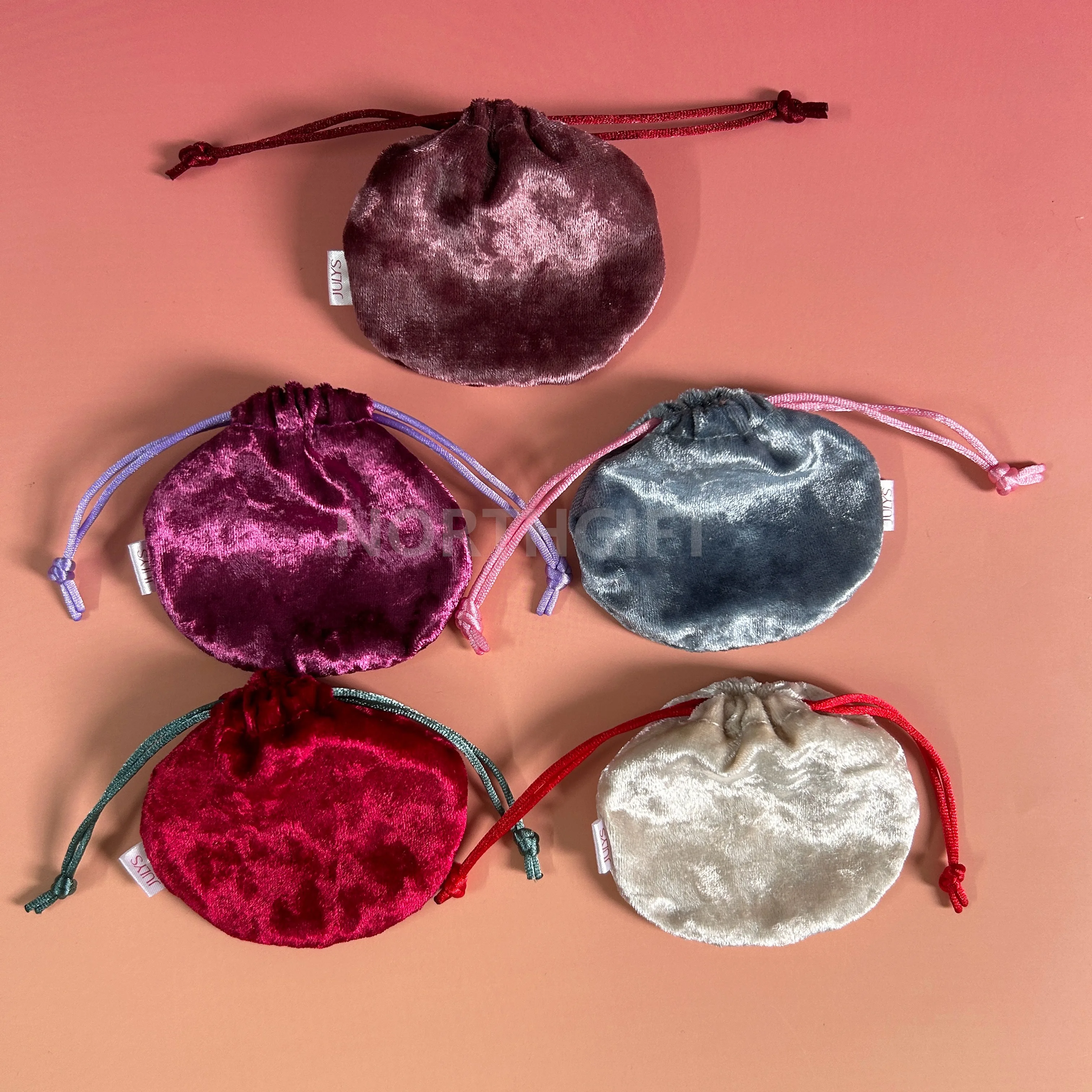 Cheap cherry round shape soft diamond velvet drawstring bag for earring rings jewelry gift packaging pouch with logo label