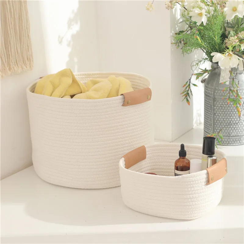 Large Gray Woven Laundry Round Storage Cotton Rope Basket