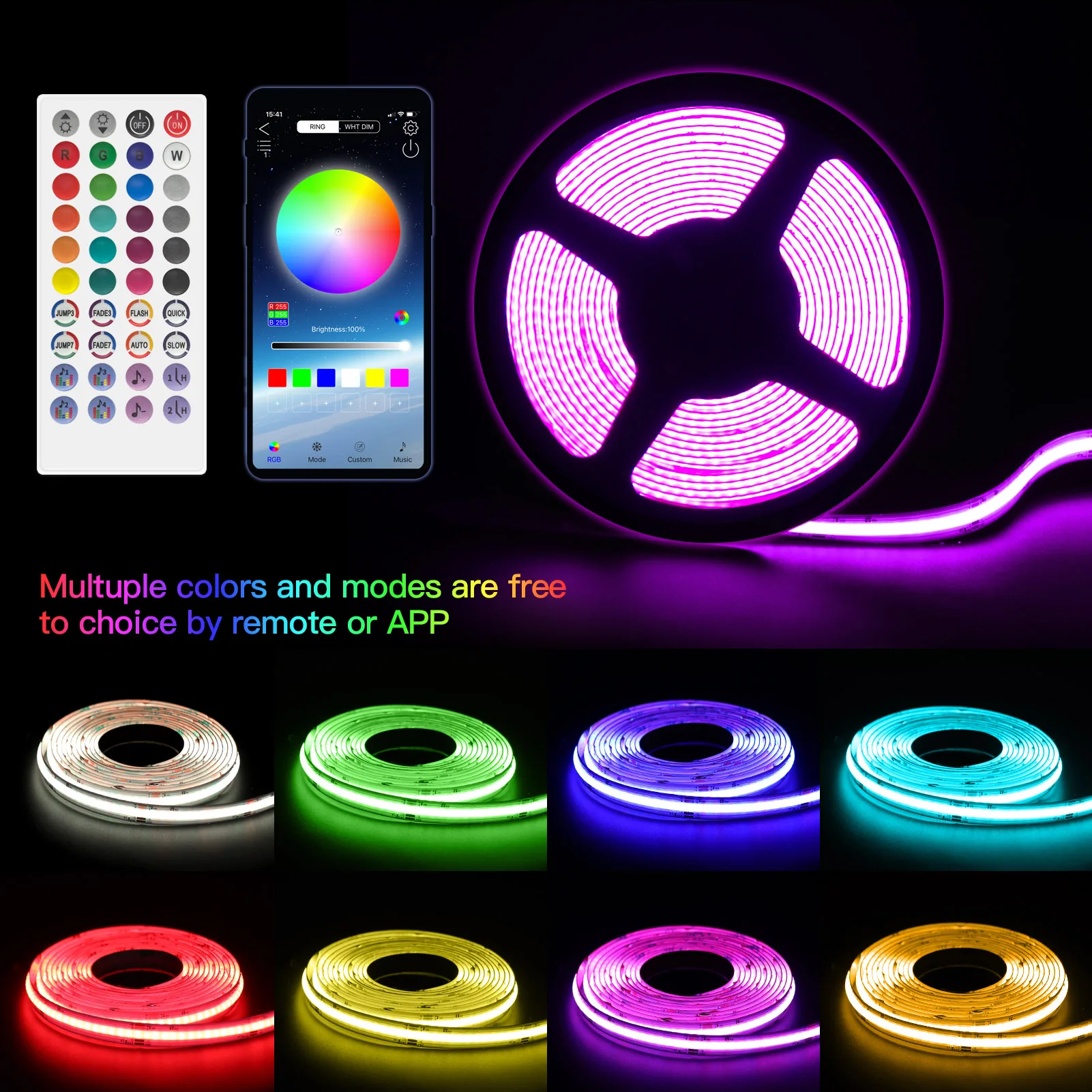 High Quality Smart RGB LED Strip Lights, Cob Light Strip TV Backlight Multicolor Address LED Strip, 10mm RVB  12V 24V LED Strip