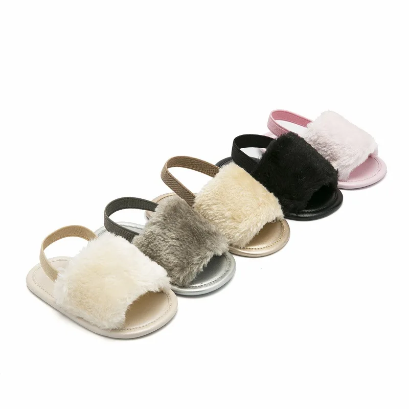 Wholesale Infant Fur Sandals Summer Girl Fancy Cute Baby Furry Slippers Solid Color Newborn Prewalker
