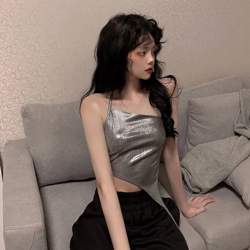 
Summer sexy vests silver halter sleeveless vests women fashion vests Hugh women sleeveless casual top 