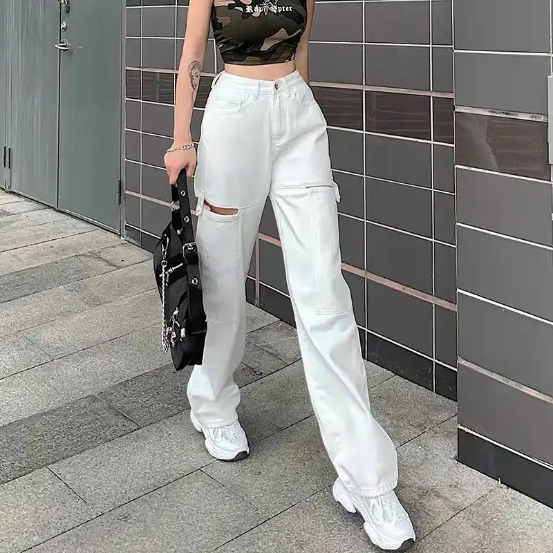 LILUO pure white high waist good quality female long trousers custom ripped hole belt pants women denim jeans