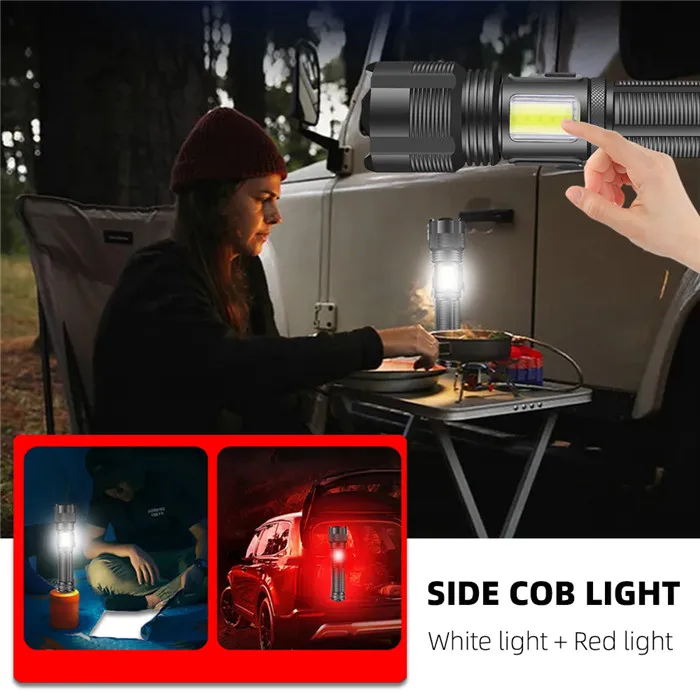 Type-C Rechargeable LED Flashlight Powerful 7 Modes Zoomable led torch Outdoor Emergency Super Bright Torch with Luminous Strips